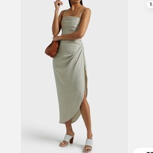 Ronny Kobo Talin Pleated Linen Midi Dress In Mushroom NWT